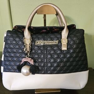 Betsey Johnson Quilted Satchel Shoulder Bag Purse EUC Black Off White Gold